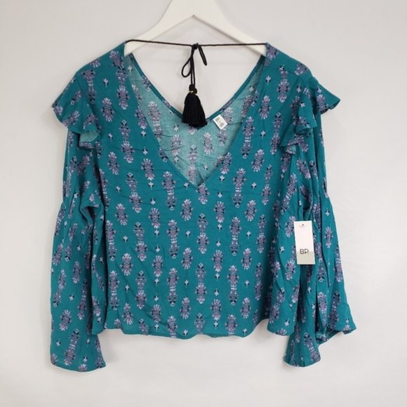 bp Tops - Nordstrom BP Teal Damask Tie Neck Peasant Shirt bp Tops - Nordstrom BP Teal Damask Tie Neck Peasant Shirt